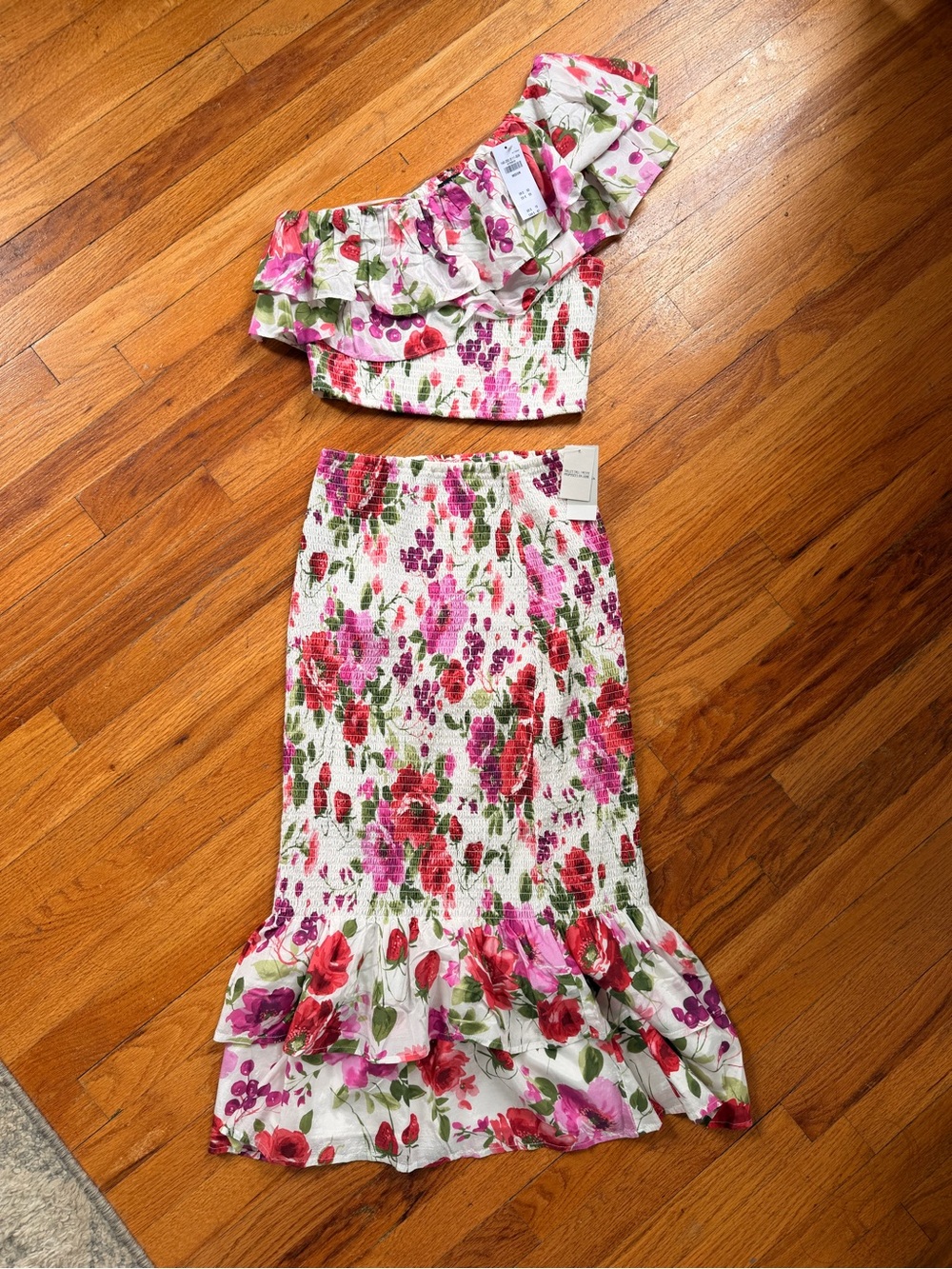 Abercrombie & Fitch White Floral Midi Skirt - Pink & Green Print